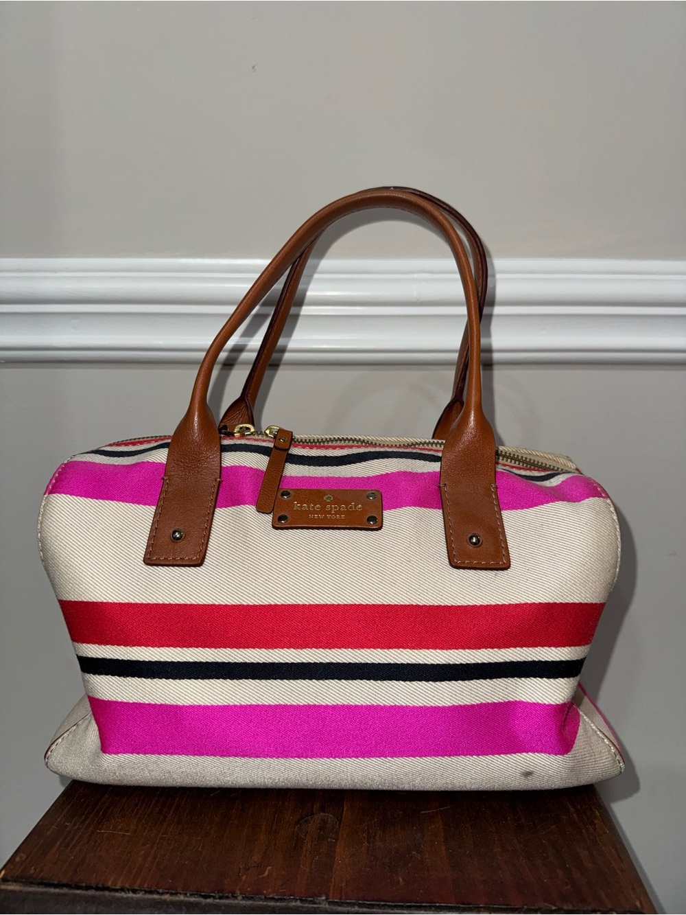 kate spade Pink, Red and Tan Striped Canvas Tote